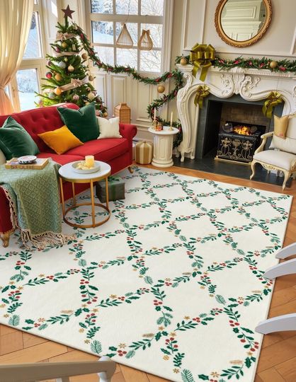 Discover Seavish 2025 Christmas Rugs for Living Room, 5x7 Area Rugs for Bedroom Aesthetic, Low Pile Soft Washable Nursery Rug, Cream White Winter Holiday Decor Farmhouse Rug for Dining Room Playroom Office