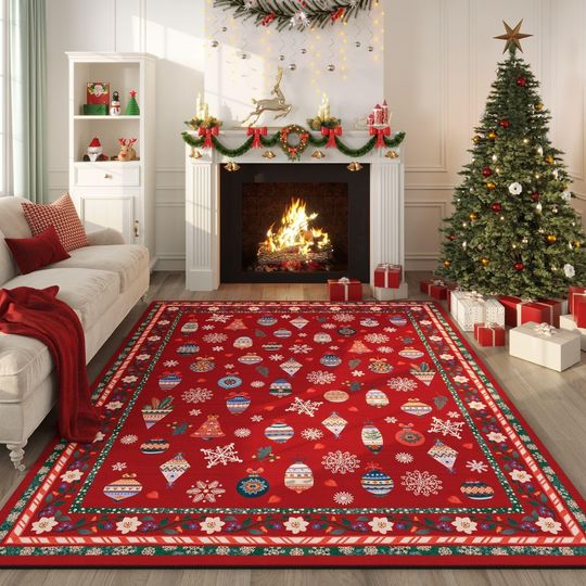 Rugcomf Christmas Area Rugs – Red Xmas Snowflake Living Room Rug