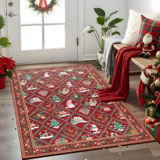 Discover Christmas Rug for Entryway Living Room Area Rugs, Santa Welcome Front Door Mats Indoor Non Slip Doormat, Xmas Holiday Decor Rugs for Kitchen Bedroom Bathroom Hallway, 3x5 Feet Red