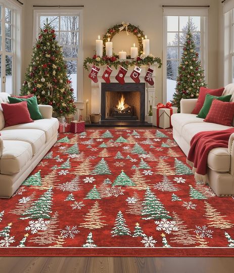 Discover GarveeHome Red 8x10 Christmas Rug Living Room Rug Non Slip Washable Stain Resistant 8x10 Washable Rugs Christmas Tree Snow Print Low Pile Soft Holiday Decor Carpet for Bedroom Laundry Room