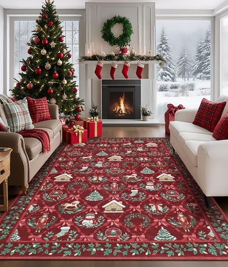 Discover 8x10 Christmas Rugs for Living Room Washable Non-Slip Christmas Print Area Rug with Coquette Bow Pattern for Bedroom, Low-Pile Stain Resistan Holiday Carpet for Dining Room Office, Red