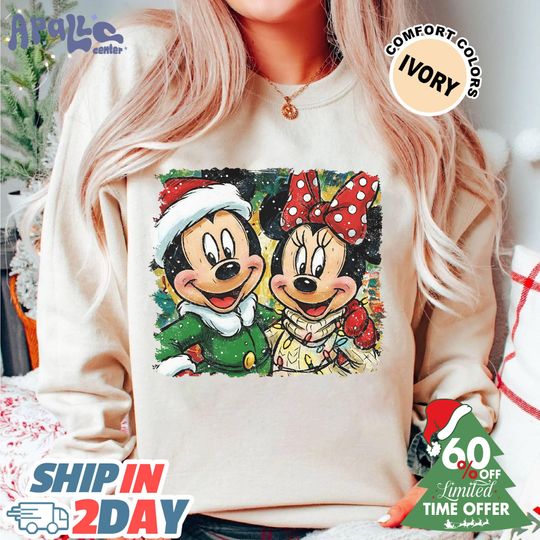 Discover Mickey and Minnie Christmas Watercolor Shirt, Mickey and Minnie Couple Tee, Christmas Gift For Couple, Mickey Minnie Santa Tee