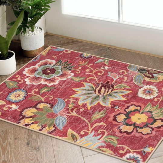 Discover Beeiva Red Kitchen Rugs Non Slip Washable, 2x3 Floral Christmas Kitchen Entry Rug for Entryway Indoor Ultra Thin Small, Vintage Non-Shedding Front Door Mat Indoor Entrance Throw Carpet for Bathroom