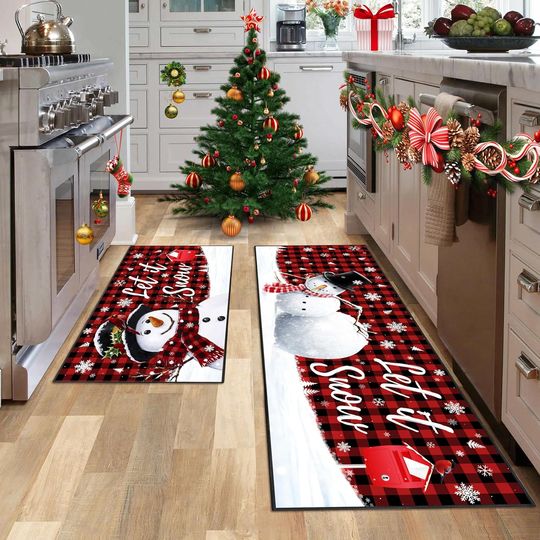 Discover Let It Snow Christmas Snowman Kitchen Rugs and Mats Set of 2, Buffalo Plaid Winter Snowflake Xmas Holiday Home Kitchen Decor Floor Mats, Washable Non-Slip Sink Carpet 17x30+17x47 Inches