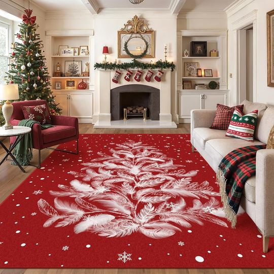 Discover Christmas Area Rug 8x10 Red Washable Non-Slip Holiday Area Rug Funny Christmas Tree Carpet for Living Room Bedroom Dining Room Playroom Office