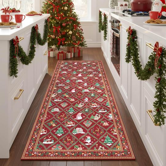 Discover Christmas Kitchen Rug Runners for Hallway Runner Rugs, Santa Non Slip Washable 6 ft Long Runner Rugs with Rubber Backing, Soft Xmas Holiday Decoration Carpet for Entrance Bathroom, 2x6 Red