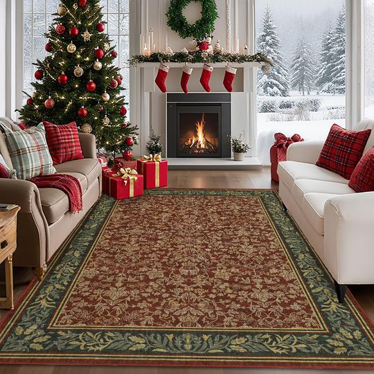 Discover GarveeHome Christmas Rugs 5x7 Washable Area Rugs for Living Room, Boho Vintage Rug Non Slip Low Pile Stain Resistance Indoor Soft Large Holiday Carpet for Bedroom Dining Room Office Red