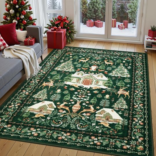 Discover LIVEBOX Christmas Washable Rugs for Living Room 5x7 - Non-Slip Soft Vintage Green Area Rug, Christmas Tree and Deer No-Shedding Indoor Carpet for Living Room Dining Room Bedroom