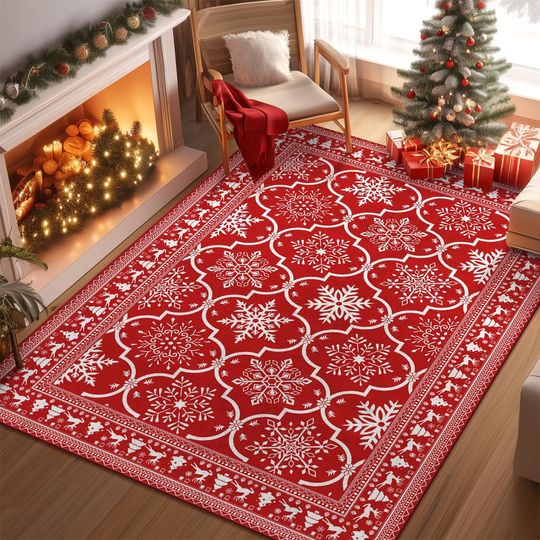 Discover Yamaziot Washable Christmas Area Rug 5x7 – Red Snowflake Indoor Christmas Holiday Decor Carpet, Non Slip Soft Low Pile Xmas Carpet for Living Room, Bedroom, Kitchen, Entryway, Dining Room, Red