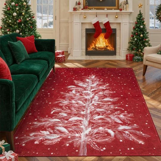 Discover Lahome Christmas Rugs Washable 5x7 Area Rug for Bedroom, Red Soft Nursery Rug Non-Slip Stain Resistant Living Room Rugs, Christmas Tree Print Holiday Decor Untra-Thin Carpet Rug for Office