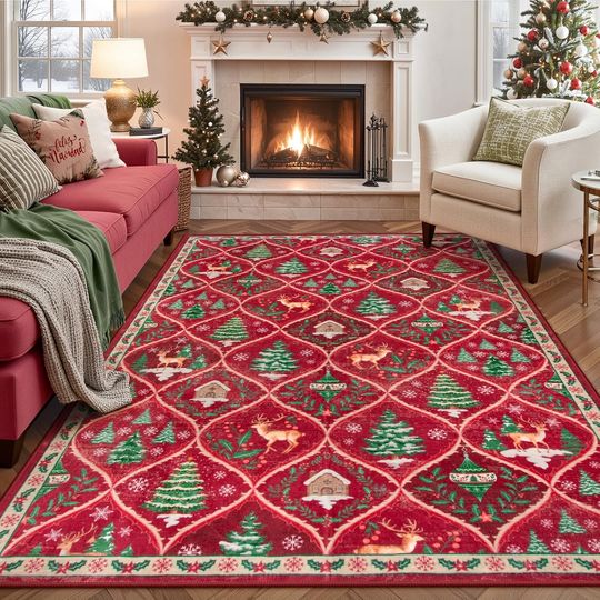 Discover Lahome Christmas Living Room Rug, 5x7 Print Christmas Reindeer Rugs for Bedroom Aesthetic Large Washable Carpet, Soft Xmas Tree Stain Resistance Dining Room Carpets for Under Table