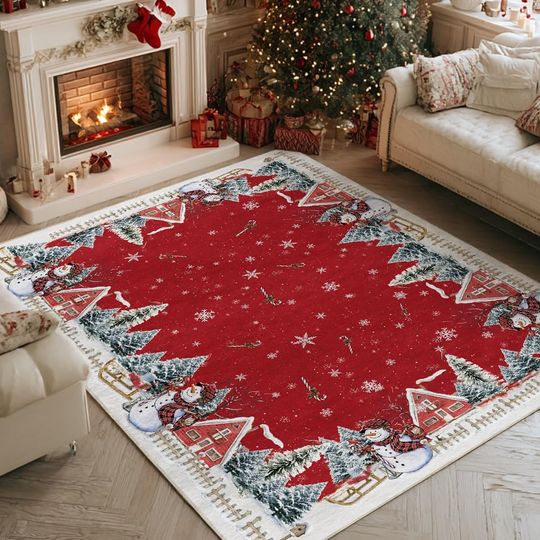 Artoid Mode Red Snowman House Pine Tree Christmas Area Rug