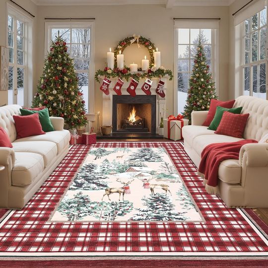 Discover GarveeHome Christmas Washable Rug for Living Room, 8x10 Holiday Decor Area Rug for Bedroom Soft Low Pile Christmas Tree and Deer Rug Non Slip Throw Large Carpet for Dining Room Nursery, Red