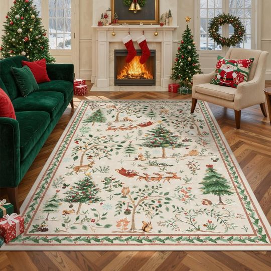 Discover LIVEBOX Christmas 5x7 Area Rug for Living Room, Beige Washable Rugs for Bedroom Dining Nursery Room Office, Low Pile Non Slip, Christmas Tree Santa Claus Print Holiday Carpet Home Décor
