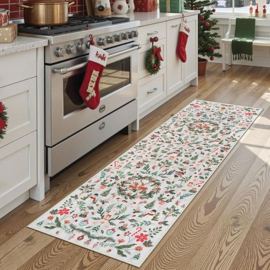 Discover Lahome Christmas Runner Rug, 2x6 Hallway Runner Non Slip Washable Soft Kitchen Carpet Runner, Xmas Reindeer Soft Low Pile Throw Rug for Entryway Bathroom Holiday Decor, Beige