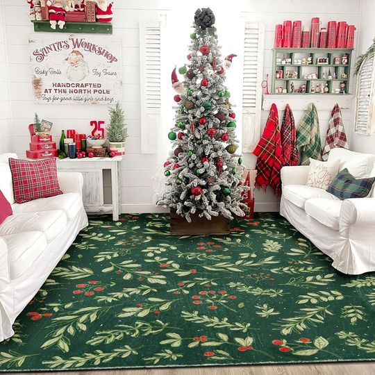 Discover Washable Vintage Floral Christmas 4x6 Area Rugs Non Slip - Low Pile Soft Xmas Tree Red Berries Holly Branches Festive Winter Christmas Area Rug Accent Carpet for Kitchen Bedroom Living Room Entryway