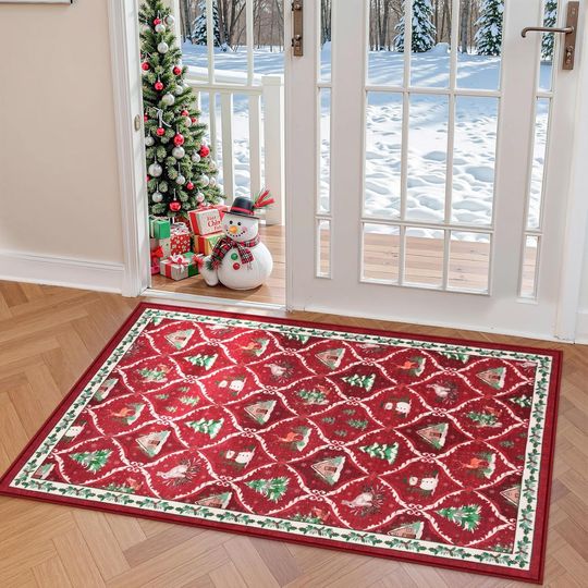 Christmas Rugs for Entryway, Red Bathroom Rug Xmas Kitchen Rugs