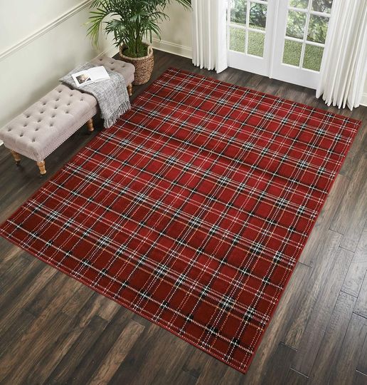 Discover Nourison Home Grafix Red 7'10'' x 9'10'' Area-Rug, Modern, Plaid, Bed Room, Living Room, Dining Room, Kitchen, Easy-Cleaning, Non Shedding,