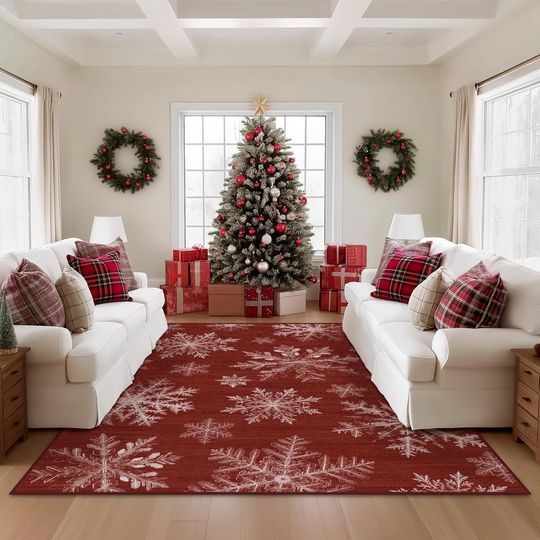 Christmas Area Rug Red Snowflake Washable Winter Xmas