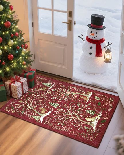 Discover GarveeHome Christmas Rug 2x3 Non-Slip Doormat for Entryway Indoor, Small Washable Red Kitchen Rugs Christmas Tree Forest Animal Print Bathroom for Winter Living Room Bedroom Holiday Decor
