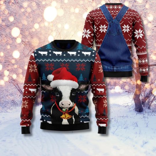 Cow Ugly Christmas Sweater, Santa Hat Heifer Sweater