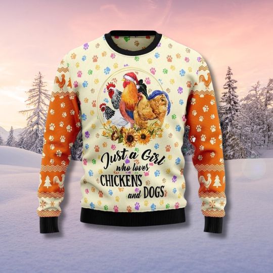 Just A Girl Who Loves Chickens And Dogs Ugly Christmas Sweater, Farm Animal Xmas Jumper