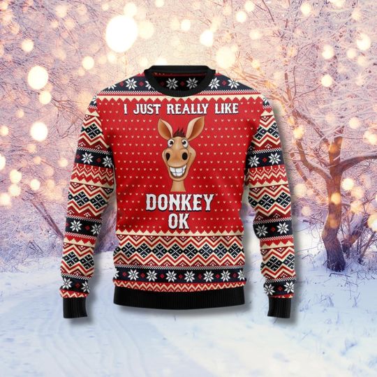 Discover Funny Donkey Ugly Christmas Sweater, Red Fair Isle Knit Holiday Jumper