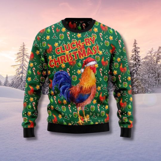 Discover Cluck ry Christmas Rooster Ugly Sweater, Funny Chicken Holiday Sweater