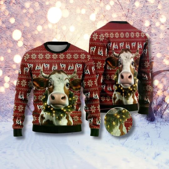 Funny Cow Christmas Sweater Ugly, Holiday Animal Print Pullover