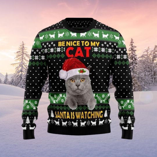 Funny Grey Cat Ugly Christmas Sweater, Be Nice To My Cat Holiday Jumper