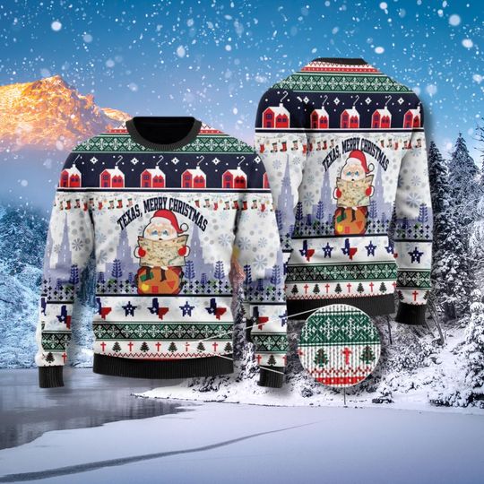 Discover Texas Merry Christmas Sweater Ugly, Holiday Knit Santa Lone Star Fair Isle Jumper