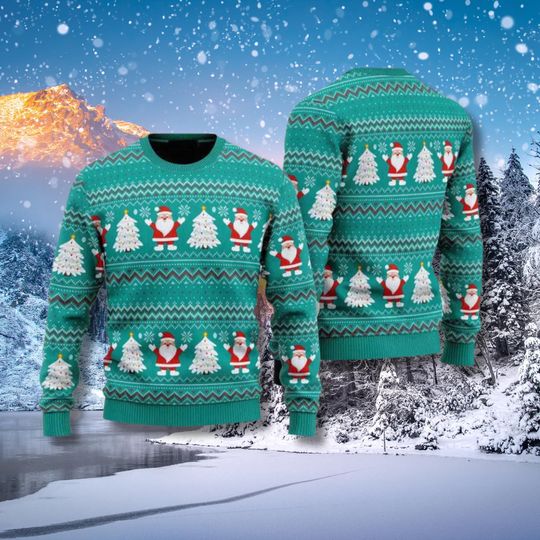 Discover Green Santa Christmas Sweater Ugly, Fair Isle Holiday Knit With White Trees