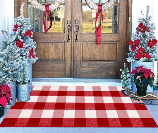 Discover Christmas Outdoor Rugs 24 x 51''Red White Buffalo Plaid Front Porch Rug Hand-Woven Machine Washable Indoor/Outdoor Layered Door Mats for Entryway/Bedroom/Outdoor