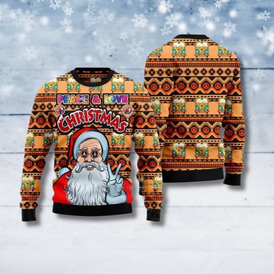 Discover Hippie Santa Ugly Christmas Sweater, Peace & Love Retro Holiday Pullover