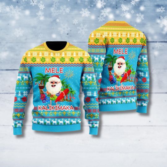 Mele Kalikimaka Santa Ugly Christmas Sweater, Hawaiian Holiday Knit