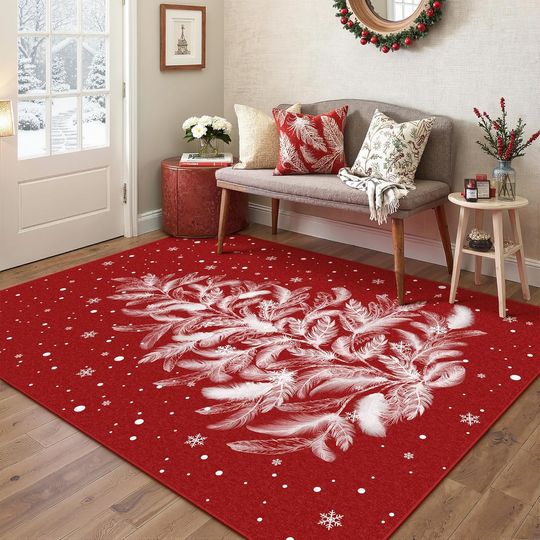 Christmas Area Rug Red Washable Non-Slip Holiday Area Rug Funny Christmas Tree