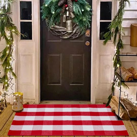 Discover Christmas Red and White Plaid Rug 27.5 x 43 Inches, Hand-Woven Indoor/Outdoor Layered Cotton Blend Buffalo Plaid Rug, Washable Front Door Mat, Perfect for Porch, Living Room, Entryway