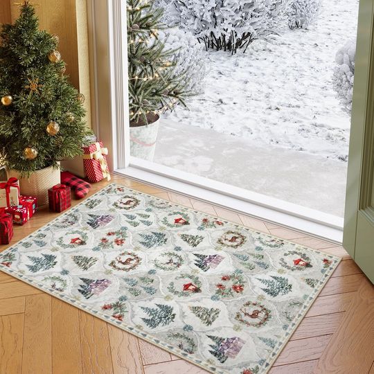 Discover Lahome Moroccan Trellis Christmas Rug, 2x3 Kitchen Christmas Rugs for Entryway Ultra-Thin Washable Christmas Rugs Indoor, Door Mat Indoor Entrance Holiday Decor Carpet for Entry Bedroom