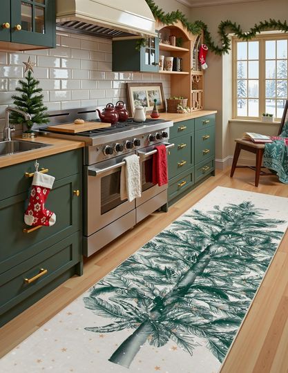 Discover Lahome Christmas Rug Runner Non-Slip Beige 2x8 Runner Rugs, Ultra-Thin Washable Hallway Rug Runner Stain Resistant, Christmas Tree Print Snowflake Holiday Decor for Kitchen Entryway