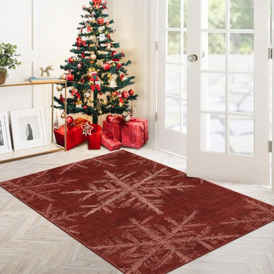 Discover Lahome Christmas Washable Area Rugs, 3x5 Snowflake Entryway Rugs Indoor Non Slip Washable Red Rugs for Bedroom Holiday Decor, Soft Ultra-Thin Carpet for Living Room Kitchen Bathroom