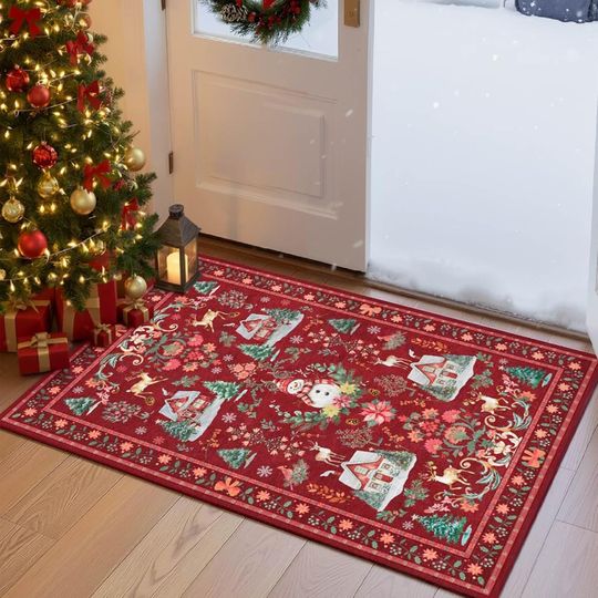 Discover YJ.GWL Christmas Area Rug 2x3 Small Washable Rugs for Entryway, Soft Christmas Tree Carpet for Kitchen Bathroom, Non Slip Entrance Door Mat for Living Room Bedroom Winter Holiday Decor, Red