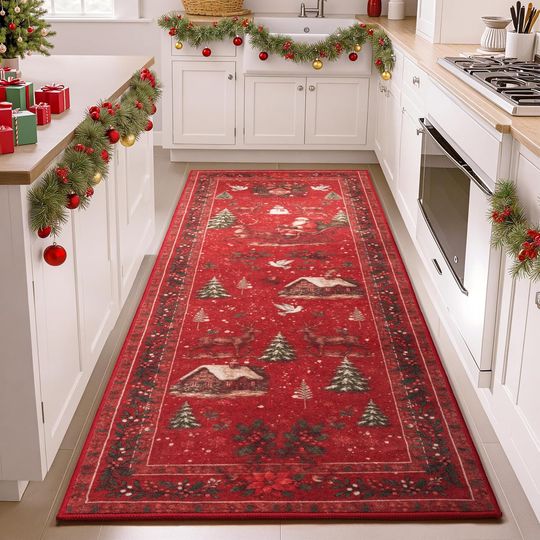 Discover Joiedomi Christmas Hallway Runner Rug Washable 2'x8' Non Slip Kitchen Rug with Rubber Backing Soft Christmas Tree Santa Claus Floor Carpet Runners for Entryway Laundry Bedroom Bathroom Indoor