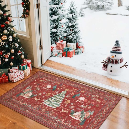 Kokia 2x3 Christmas Decorative Area Rugs, Red Vintage Xmas Entryway Area Rugs