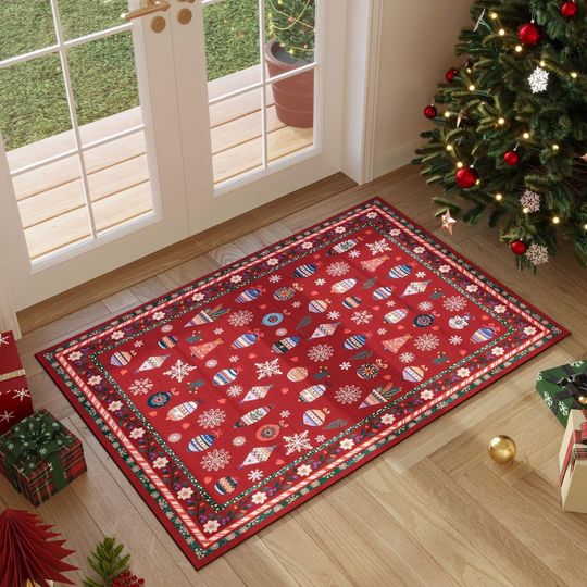 Rugcomf Christmas Door Mat – Red Xmas Snowflake Entryway Area Rug