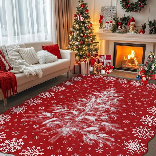 Christmas Area Rug Red Washable Living Room Carpet Xmas Christmas Tree