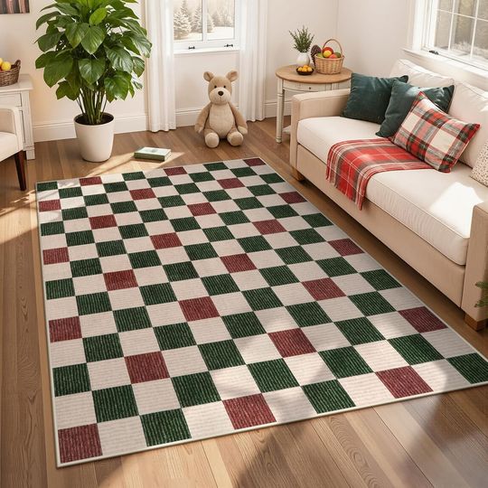 Discover Machine Washable 5x7 Area Rugs for Living Room Christmas Checkered, Non Slip Soft Low Pile Farmhouse Modern Neutral Playroom Boys Rugs for Bedroom, Large Carpet Rugs for Dining Room