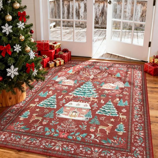 Discover Christmas Rugs for Living Room 5x7, Washable Vintage Red Christmas Tree Rug, Non-Slip Soft Holiday Rug Indoor Carpet for Bedroom Dining Room Entryway Home Office