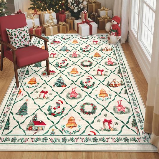Discover LIVEBOX Machine Washable Christmas Area Rug 5x7 - Moroccan Rug Thin Non-Slip Christmas Rugs for Living Room Bedroom,Large Neutral Low-Pile Green Rugs for Dining Room Office, Beige/Green