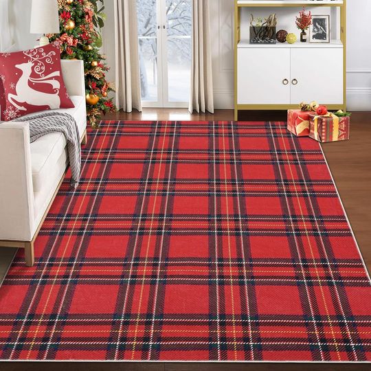 Discover 8x10 Christmas Area Rug Xmas Buffalo Plaid Machine Washable Carpet Rug Holiday Decorative Gingham Check Floor Cover Non Slip Stain Resistant Accent Rug for Living Room Bedroom Decor, Red