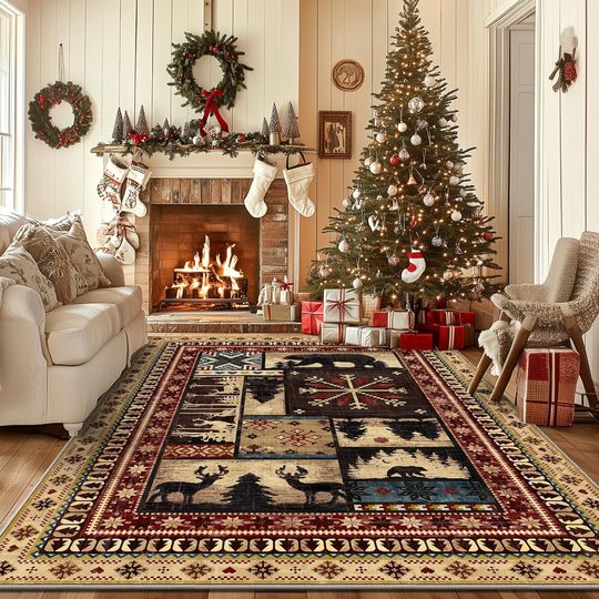Discover LOKHOM Christmas Bear Area Rug 5x7 Washable Living Room Rug, Xmas Vintage Western Buffalo Bear Decor Indoor Carpet Rugs, Non Slip Soft Low Pile Area Carpet for Living Room Bedroom Holiday Decor
